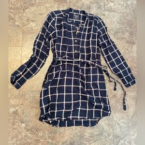 J. Crew Blue and White Notched Collar Long Sleeve Dress